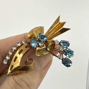 1950s Antoinette Vintage Brooch 12K Gold Filled & Blue‎ Rhinestones 2"